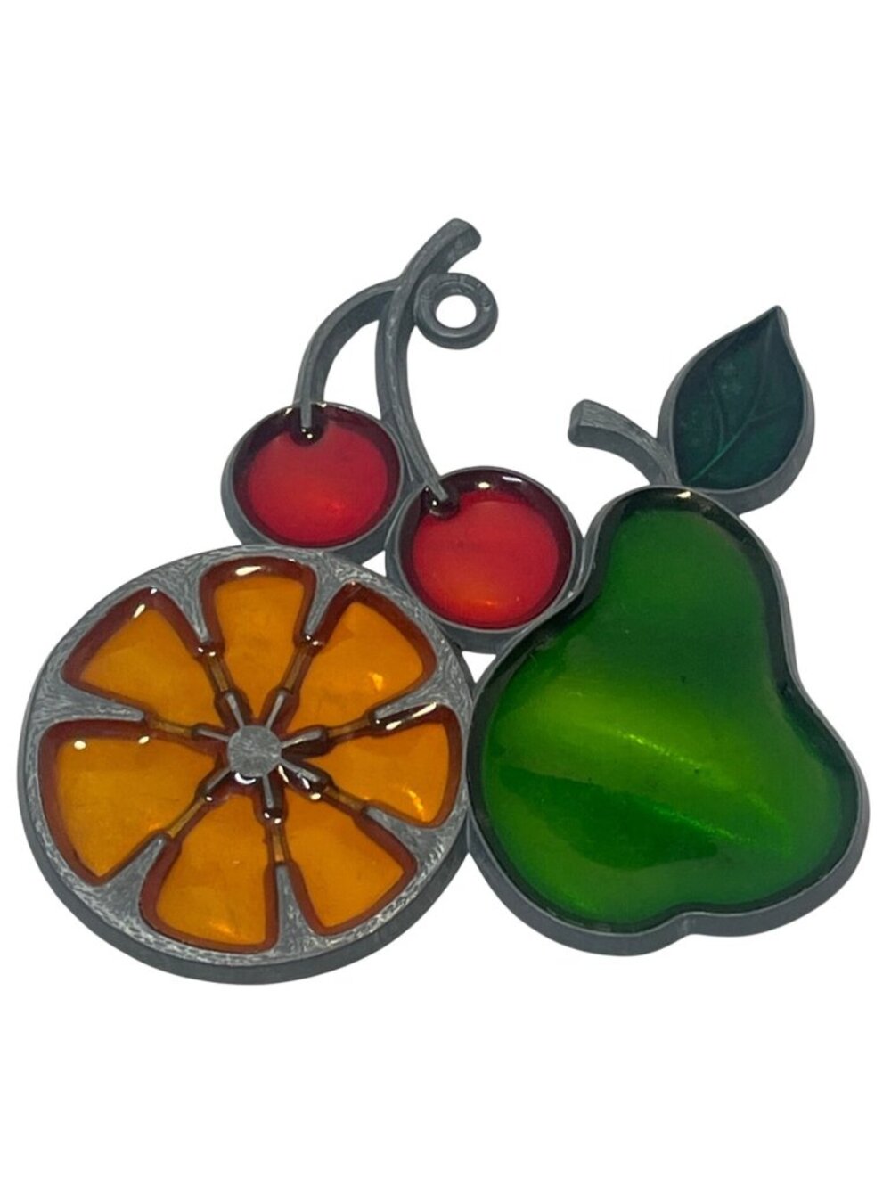 Stained Glass Fruit Suncatcher With Pear Orange & Cherries - 3.5 Inches - Vibran